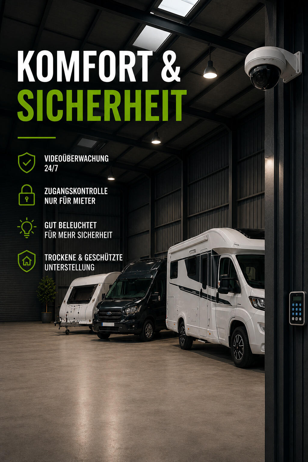 Komfort & Sicherheit für Ihre Fahrzeugunterstellung Moderne Fahrzeughalle mit Wohnmobil, Wohnwagen und Transporter auf markierten Stellplätzen. Sichtbare Videoüberwachung, Zugangskontrolle und helle Hallenbeleuchtung unterstreichen das hohe Sicherheitsniveau der Hallenstellplätze in Schwäbisch Hall-Sulzdorf
