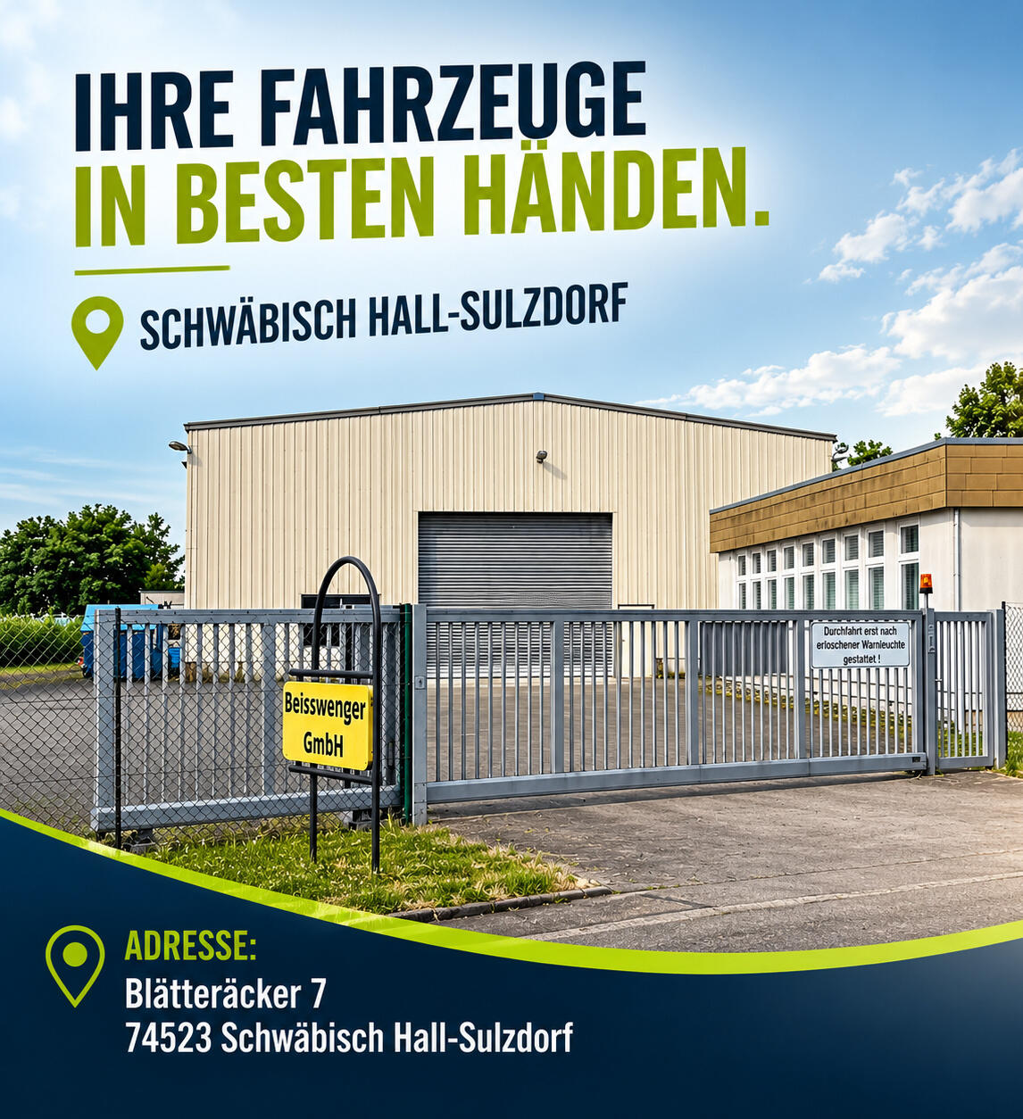 Standort unserer Hallen in Schwäbisch Hall-Sulzdorf Außenansicht der modernen, eingezäunten Lagerhalle in Schwäbisch Hall-Sulzdorf mit großem Rolltor und gesichertem Zufahrtsbereich. Die Hallen bieten sichere Stellplätze für Wohnmobile, Wohnwagen, Autos, Boote und weitere Fahrzeuge.