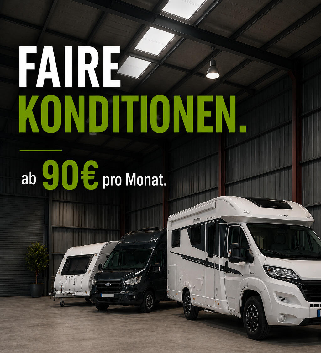 Faire Konditionen für Ihren Hallenstellplatz Moderne Fahrzeughalle mit Wohnmobil, Wohnwagen und Transporter auf klar markierten Stellplätzen. Grafik mit Hinweis auf faire Stellplatzpreise ab 90 € pro Monat für sichere Fahrzeugunterstellung in Schwäbisch Hall-Sulzdorf.