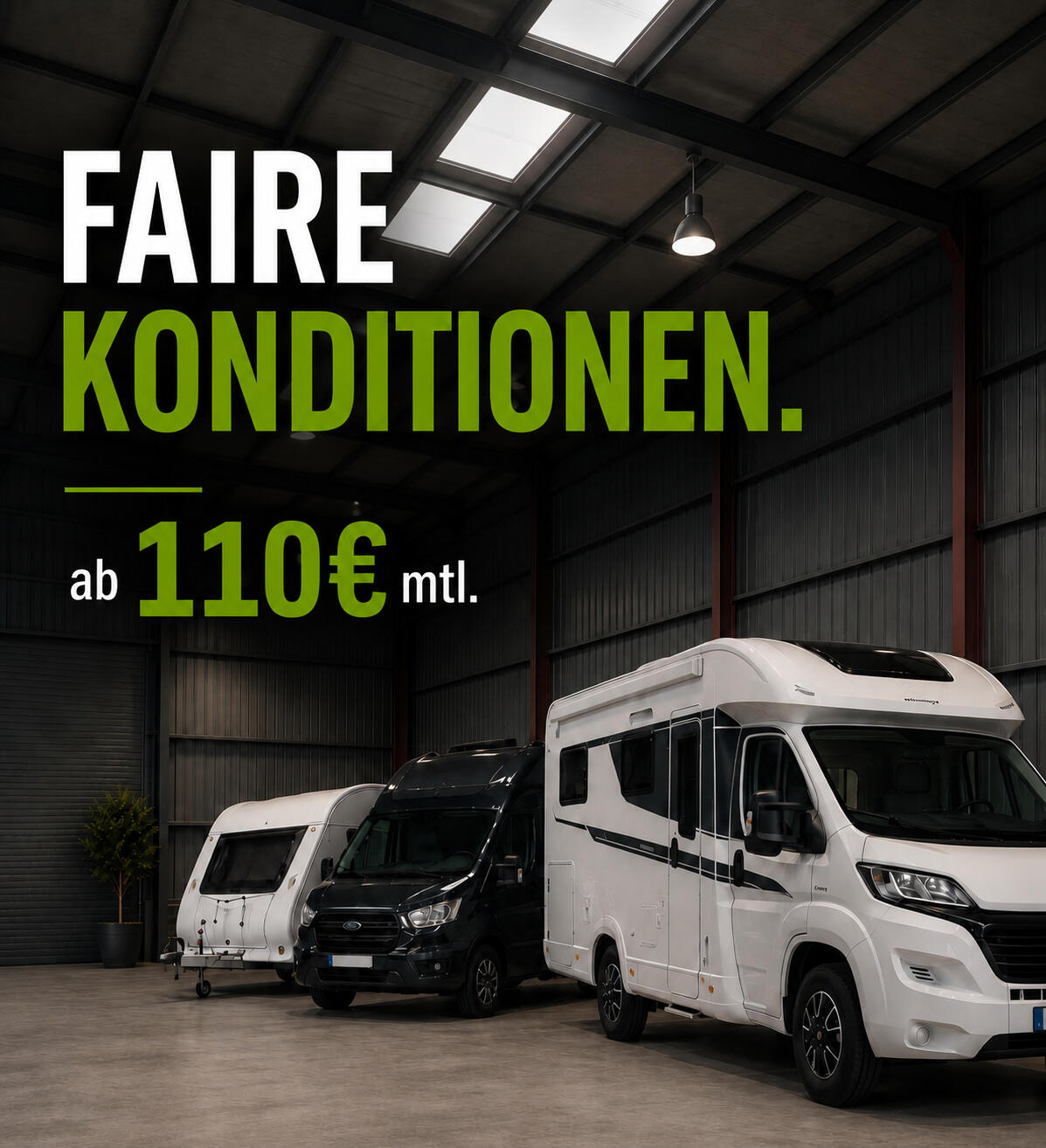 Faire Konditionen für Ihren Hallenstellplatz Moderne Fahrzeughalle mit Wohnmobil, Wohnwagen und Transporter auf klar markierten Stellplätzen. Grafik mit Hinweis auf faire Stellplatzpreise ab 90 € pro Monat für sichere Fahrzeugunterstellung in Schwäbisch Hall-Sulzdorf.