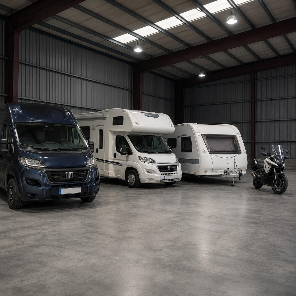 Sichere Hallenstellplätze für Wohnmobile, Wohnwagen und Fahrzeuge Großzügige, moderne Fahrzeughalle mit Wohnmobil, Wohnwagen, Campervan und Motorrad auf sauberen, überdachten Stellplätzen. Die Fahrzeuge stehen trocken, sicher und geschützt in einer abgeschlossenen Halle in Schwäbisch Hall-Sulzdorf.